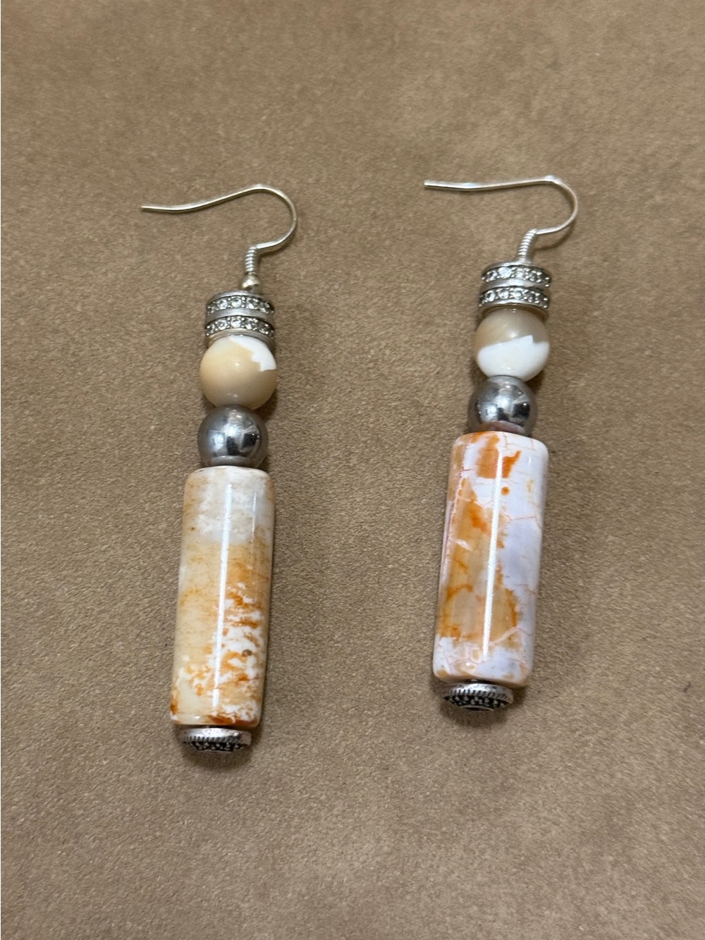 Beige & Orange Stone Drop Earrings with Silver Accents